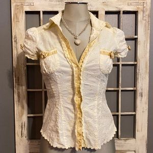 bebe Cream Ruffle-Trim Short Sleeve Blouse
